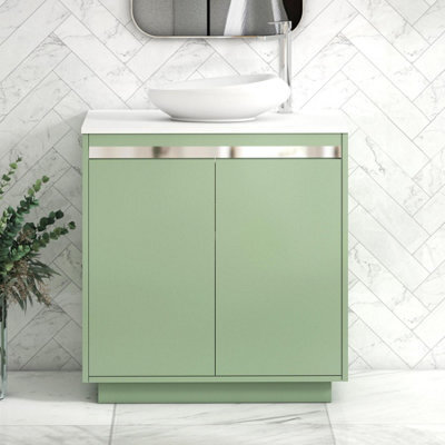 Royal Bathrooms Orion 800mm Mint Sage Floor Standing Plain White Countertop Vanity Unit 2 Door With Nova Basin & Chrome Accent Trim - image 1