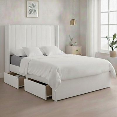 Luxury White Plush Milan King Size Bed Frame With Mattress 54 Inches Wingback Headboard 2 Footend Storage Drawers
