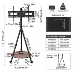 Aesome Height Adjustable Tripod Tv Floor Stand For 40-75 Inch Tvs With Wheels, Round Shelf, 50Kg Capacity - thumbnail 2