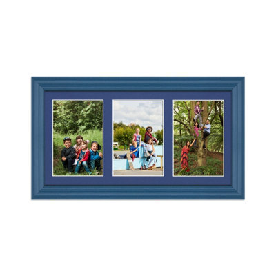 AK Frames 40X20Cm Navy Blue Classic Multi Photo Frame With Blue Mount - Holds 3 Apertures (3X) 6X4 Photos - image 1