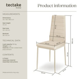 Tectake Set Of 4 Dining Chairs - High Backrest, Padded, Synthetic Leather   - Beige - thumbnail 6