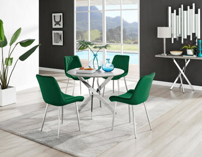 Furniturebox Uk Novara Grey Concrete Effect Round Dining Table & 4 Green Pesaro Silver Chairs - image 1