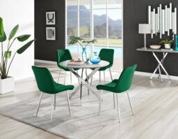 Furniturebox Uk Novara Grey Concrete Effect Round Dining Table & 4 Green Pesaro Silver Chairs