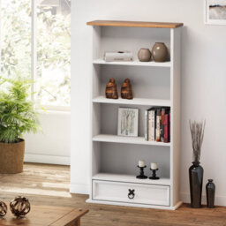 Mercers Furniture Corona White 1 Drawer Dvd Rack Bookshelf 4 Shelf Open Media Storage Unit Solid Wood Pine Mexican Styling Wooden