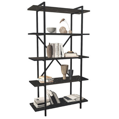 Urbn-Living Urbnliving 160Cm Height Black Marble 5-Tier Wooden Bookshelf With Metal Frame Living Room Storage & Display Unit - image 1