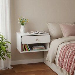 White Wall Mounted Floating Bedside Table Drawer & Shelf - thumbnail 6