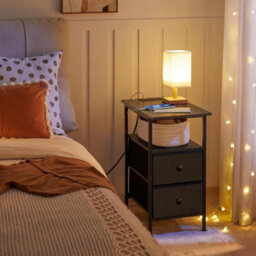 Bedside Table W/ 2 Non-Woven Drawers Side Table With Usb Ports Black Nightstand - thumbnail 4