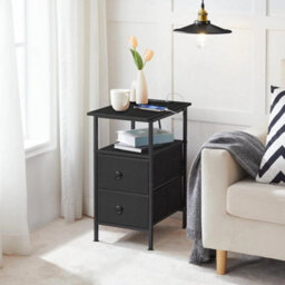 Bedside Table W/ 2 Non-Woven Drawers Side Table With Usb Ports Black Nightstand - thumbnail 3