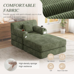 Btm Corduroy Sleeper Chair With Ottoman, Convertible 1 Seater Sofa Bed, Cup Holders And Side Pockets, Green - thumbnail 8