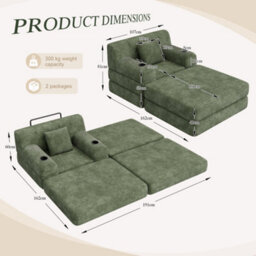 Btm Corduroy Sleeper Chair With Ottoman, Convertible 1 Seater Sofa Bed, Cup Holders And Side Pockets, Green - thumbnail 2
