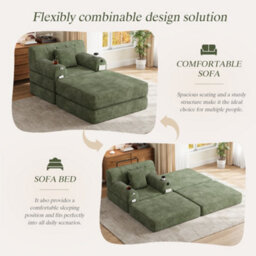Btm Corduroy Sleeper Chair With Ottoman, Convertible 1 Seater Sofa Bed, Cup Holders And Side Pockets, Green - thumbnail 3