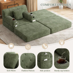 Btm Corduroy Sleeper Chair With Ottoman, Convertible 1 Seater Sofa Bed, Cup Holders And Side Pockets, Green - thumbnail 5