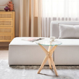 Wyld And Coco Round End Table 45Cm - Tempered Glass Top, Rubberwood Legs, Scandinavian Style - thumbnail 2
