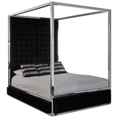 Orsina Black Velvet Upholstered Canopy Bed,modern Tufted Headboard Bed With Steel Frame,opulent Bedroom Furniture - image 1