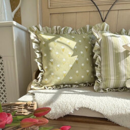rucomfy Beanbags Rucomfy Linen Look 45X45Cm Cushion - Olive Green Frilled Ditsy Stripe Design - thumbnail 2