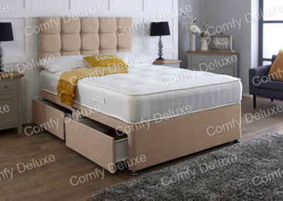 Comfy Deluxe Beige Linen 5Ft King Divan Bed Set Headboard With Mattress - 2 Drawers Same Side