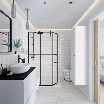 GoodHome Ahti Matt Black Textured Minimal Frame Walk-In Wet Room Glass Screen Printed With Aluminium Grid (H)195Cm (W)119Cm - image 1