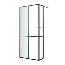 GoodHome Ahti Matt Black Textured Minimal Frame Walk-In Wet Room Glass Screen Printed With Aluminium Grid (H)195Cm (W)119Cm - thumbnail 4