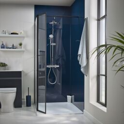GoodHome Ahti Matt Black Textured Minimal Frame Walk-In Wet Room Glass Screen Printed With Aluminium Grid (H)195Cm (W)119Cm - thumbnail 8