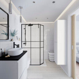 GoodHome Ahti Matt Black Textured Minimal Frame Walk-In Wet Room Glass Screen Printed With Aluminium Grid (H)195Cm (W)119Cm