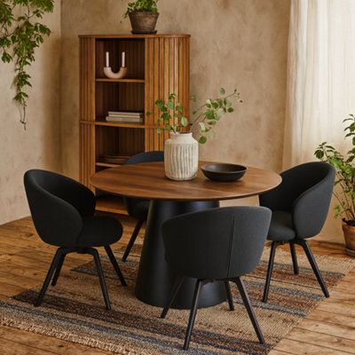Wyld Haus Auckland 120Cm Round Dining Set - Natural Oak Effect Table With Black Base + 4 Black Swivel Chairs - image 1