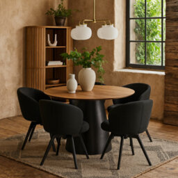 Wyld Haus Auckland 120Cm Round Dining Set - Natural Oak Effect Table With Black Base + 4 Black Swivel Chairs - thumbnail 2