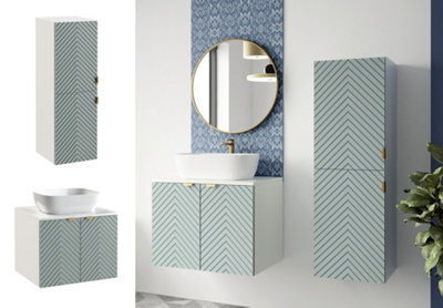 Impact Furniture Bathroom Cabinets Furniture Set 600mm Vanity Unit With Countertop Sink Tallboy Fluted Ribbed Green Cara - image 1