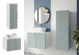 Impact Furniture Bathroom Cabinets Furniture Set 600mm Vanity Unit With Countertop Sink Tallboy Fluted Ribbed Green Cara