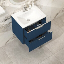 Royal Bathrooms Evora 600mm Midnight Blue Fluted Wall Hung Bathroom Vanity Unit 2 Drawer Cabinet Storage With Stone Basin Sink - 1 Tap Hole - thumbnail 3