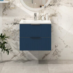 Royal Bathrooms Evora 600mm Midnight Blue Fluted Wall Hung Bathroom Vanity Unit 2 Drawer Cabinet Storage With Stone Basin Sink - 1 Tap Hole