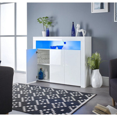 3 Door White Sideboard Storage Cabinet Display Led Lights Cupboard Buffet - image 1