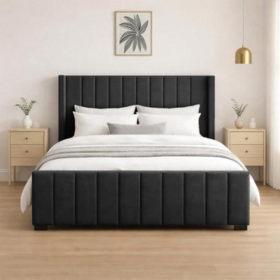 Naples Upholstered Black Vertical Line Super King Size Bed Frame, Modern Luxury Floor-Standing Headboard & Footboard - image 1