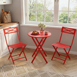 3 Pieces Garden Foldable Bistro Set, Small Garden Set W/ Square Table, Red - thumbnail 6