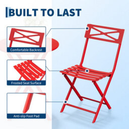 3 Pieces Garden Foldable Bistro Set, Small Garden Set W/ Square Table, Red - thumbnail 4