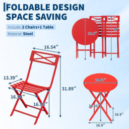 3 Pieces Garden Foldable Bistro Set, Small Garden Set W/ Square Table, Red - thumbnail 2