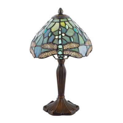 Happy Homewares Handmade Emerald Green Stained Glass 8 Inch Tiffany Lamp With Dragonfly Design - image 1