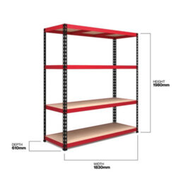 Rb Boss Garage Shelving Units Fastlok 4 Shelf Mdf Red & Black Powder Coated Steel (H)1980mm (W)1830mm (D)610mm - thumbnail 4