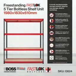 Rb Boss Garage Shelving Units Fastlok 4 Shelf Mdf Red & Black Powder Coated Steel (H)1980mm (W)1830mm (D)610mm - thumbnail 5