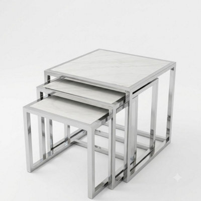 Home Luxe Interiors Massa Silver Nest Of Tables Set Of 3 White Marble Modern Tables - image 1