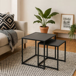 Wyld Haus El Paso Nesting Tables Set Of 2, Black Veneer Tops And Matte Metal Bases - thumbnail 1