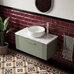 Balterley Belvide Partial Fluted 1 Drawer Wall Hung Vanity Unit With Carrera Marble Laminate Worktop - 800mm - Satin Green - thumbnail 3
