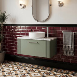 Balterley Belvide Partial Fluted 1 Drawer Wall Hung Vanity Unit With Carrera Marble Laminate Worktop - 800mm - Satin Green - thumbnail 4