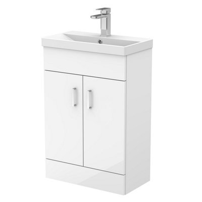 Balterley Gloss White Compact Floor Standing Bathroom Vanity Basin Unit With Ceramic Basin & 2 Soft-Close Doors - 550mm - image 1