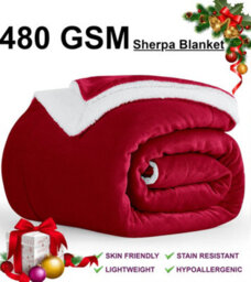 Ameha Sherpa Fleece Throw Blanket Burgundy Soft, Thick & Fluffy Comfort For Sofa, Bed Or Travel, Single Size 130X150Cm