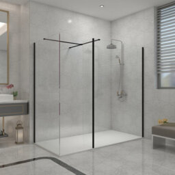 Sundaze Matt Black Walk In Wet Room Shower Enclosure 1000mm & 1000mm & 215mm Flipper Panel With 1800X1000mm White Shower Tray