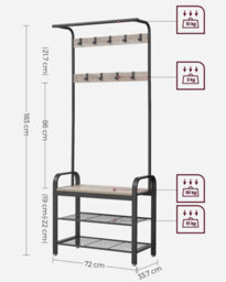 Coat Rack Stand, Free Standing Hall Tree, Coat Stand With Removable Hooks, Bench And Shoe Rack, Height 183 Cm, Steel - thumbnail 9