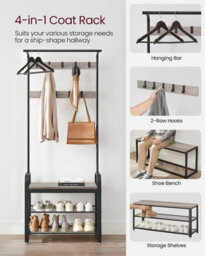 Coat Rack Stand, Free Standing Hall Tree, Coat Stand With Removable Hooks, Bench And Shoe Rack, Height 183 Cm, Steel - thumbnail 4