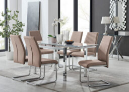 Furniturebox Uk 6 Seater Dining Set - Enna White Glass & Chrome Extendable Dining Table & Chairs - 6 Beige Leather Lorenzo Chairs