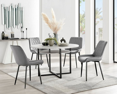 Furniturebox Adley Grey Concrete Effect And Black Round Dining Table With Storage Shelf And 4 Grey Velvet Black Leg Pesaro Dining Chairs - image 1