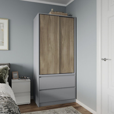 Urbn-Living Urbnliving 2 Sliding Doors Wardrobe 2 Drawer Bedroom Clothes Hanging Rail Grey Carcass With Oak Doors Storage Cupboard - image 1